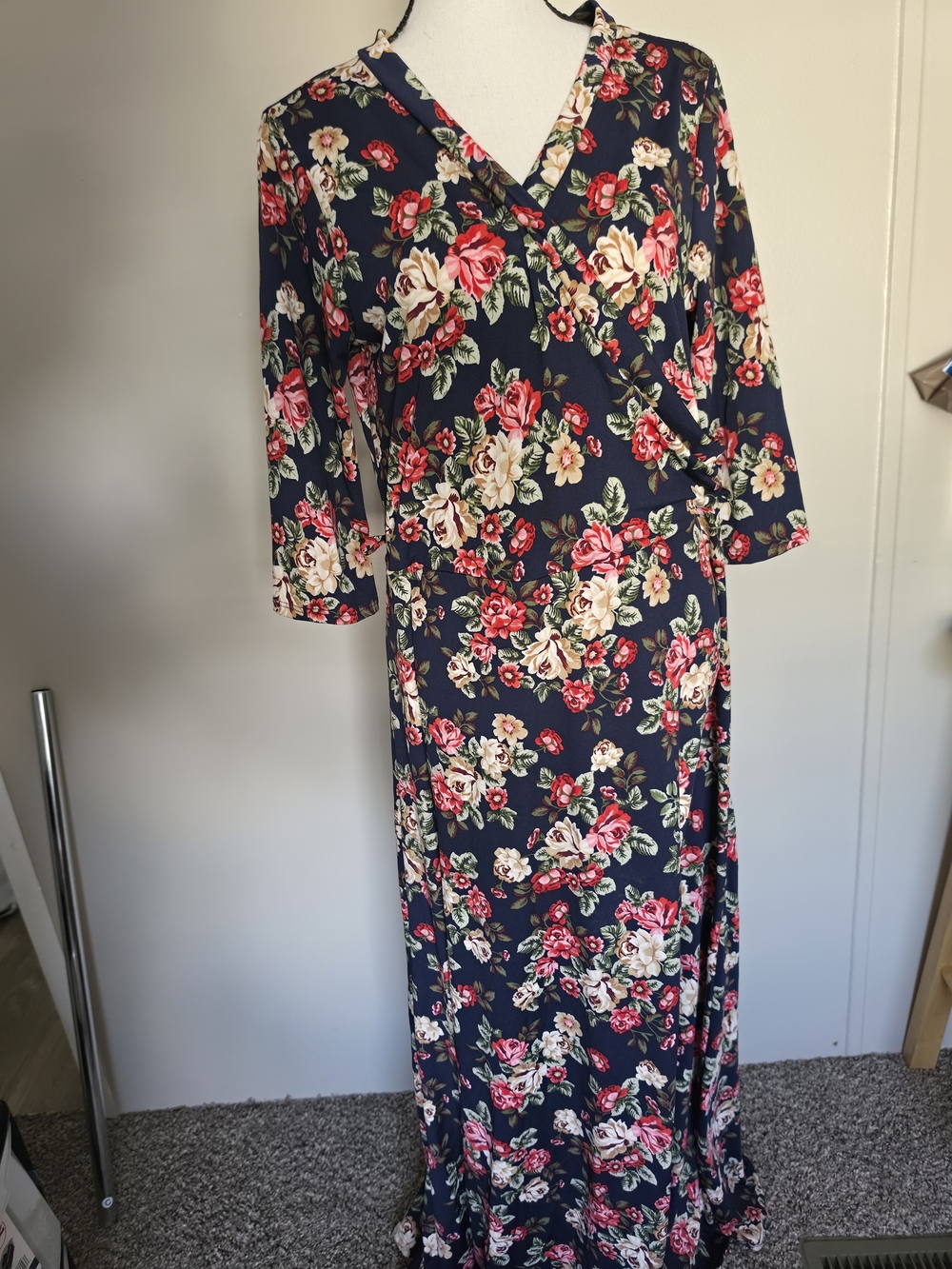 Beware! Navy Floral Wrap Maxi Dress V-Neck 3/4 Sleeve Plus Size 1X